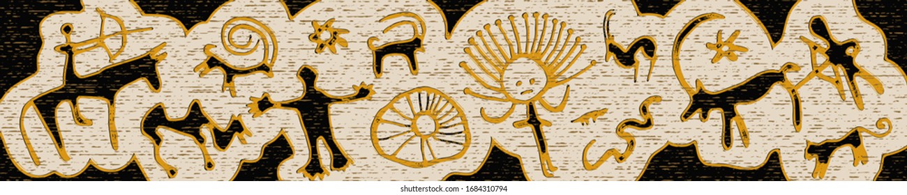 Panel on the ethnic theme. A series of petroglyphs, rock paintings of Central Asia, vector design. 