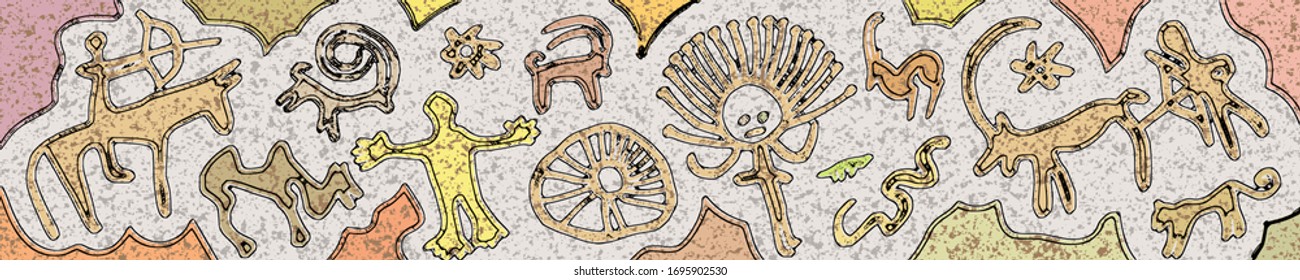 Panel on the ethnic theme. A series of petroglyphs, rock paintings of Central Asia, vector design. 
