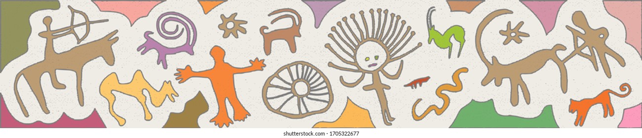 Mesa redonda sobre el tema étnico. Una serie de petroglifos, pinturas rupestres de Asia Central, diseño vectorial. 