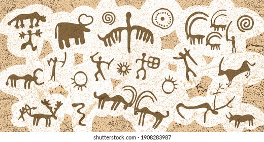 Panel on the ethnic theme. A series of petroglyphs, rock paintings. Vector design.