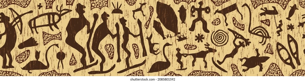 Panel on the ethnic theme. A series of petroglyphs, rock paintings, vector design. 