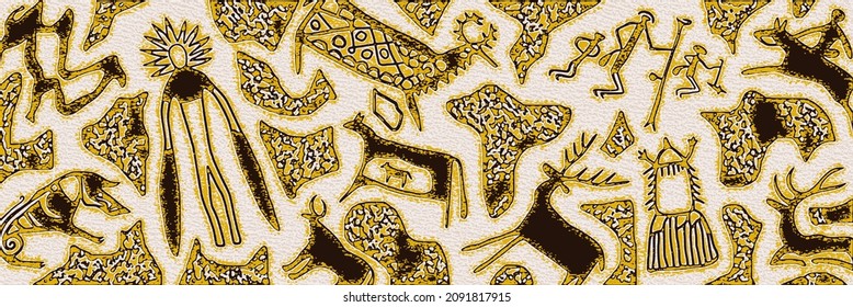 Panel on the ethnic theme. A series of petroglyphs, rock paintings of Central Asia, vector design. 