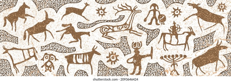 Panel on the ethnic theme. A series of petroglyphs, rock paintings, vector design. 