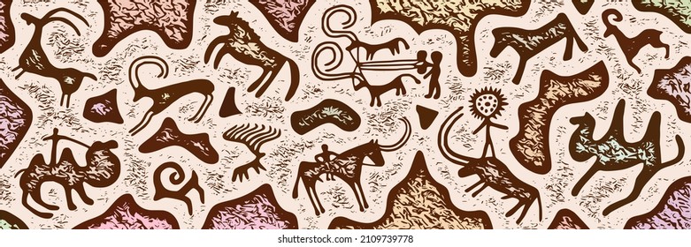 Panel on the ethnic theme. A series of petroglyphs, rock paintings, vector design. 