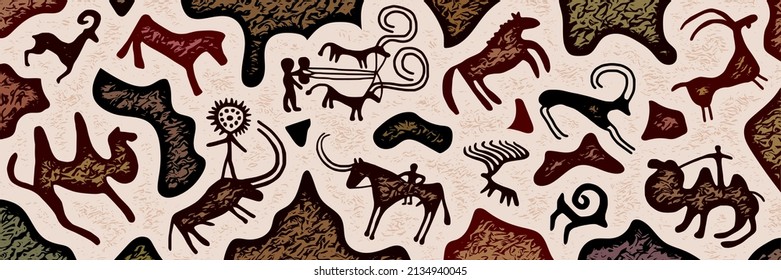 Gremium für ethnische Fragen. Eine Reihe von Petroglyphen, Felsmalereien, Vektordesign. 