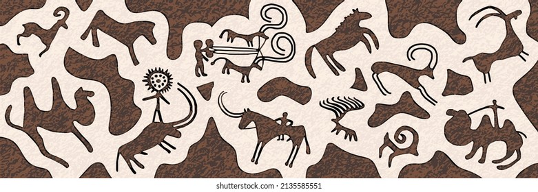 Mesa redonda sobre el tema étnico. Una serie de petroglifos, pinturas rupestres, diseño vectorial. 