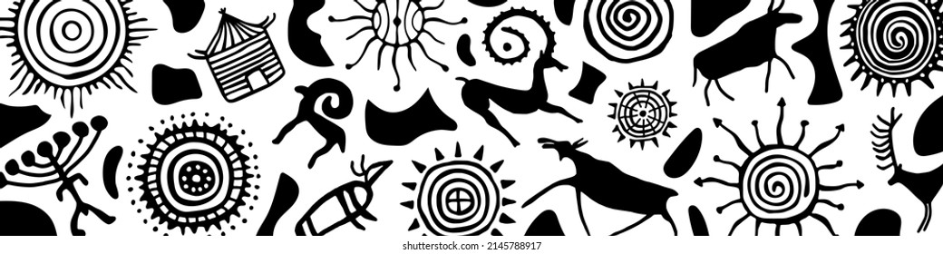 Panel on the ethnic theme. A series of petroglyphs, rock paintings, vector design. 