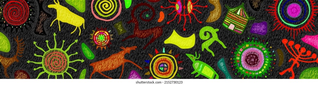Panel on the ethnic theme. A series of petroglyphs, rock paintings of Central Asia, vector design. 