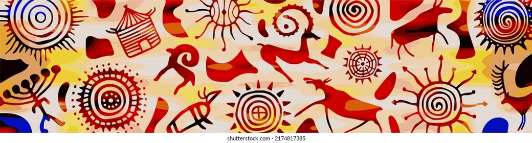 Panel on the ethnic theme. A series of petroglyphs, rock paintings of Central Asia, vector design. 