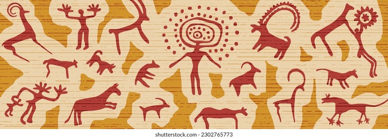 Panel on the ethnic theme. A series of petroglyphs, rock paintings, vector design. 