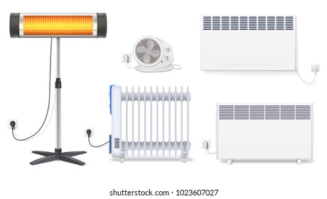 Panel Of Radiator, Electric Oil Radiator, Heater With Fan, Quartz Halogen Heater With The Glowing Lamp. Appliances For Space Heating In The Interior Of Room. Set Icons With Plug On White Background.