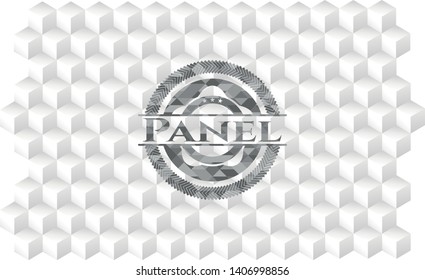Panel realistic grey emblem with geometric cube white background