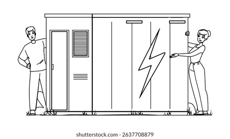 panel renewable energy storage vector. solar battery, electric wind, industry photovoltaic panel renewable energy storage character. people black line pencil drawing illustration