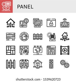 panel simple icons set. Contains such icons as Solar panel, Smart house, Media player, Browser, Smart home, Fences, Speedometer, Fence, Parquet, can be used for web, mobile and logo