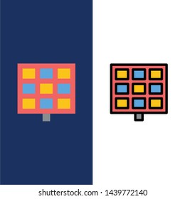 Panel, Solar, Construction  Icons. Flat and Line Filled Icon Set Vector Blue Background