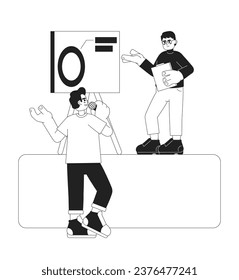 Panel speaker answering question audience black and white cartoon flat illustration. Conference attendee asking expert linear 2D characters isolated. Manager explains monochromatic scene vector image