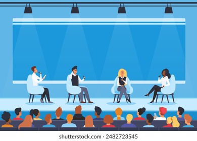 A panel of speakers engaging in a discussion on stage at a conference, with an audience seated in front, emphasizing professional dialogue and exchange of ideas vector illustration.