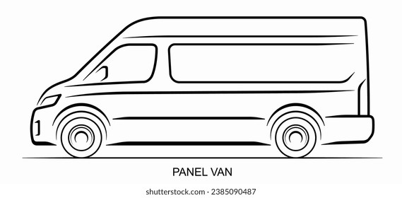 Panel van silhouette isolated on white background. Side view of the mini bus or van. Line art design template. Vector illustration.