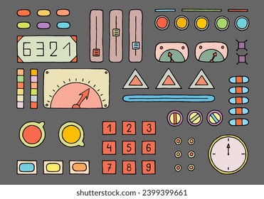 Panel with various buttons, levers, displays, monometers, sliders, indicators. Hand Drawn. Freehand drawing. Doodle. Sketch. Outline. 