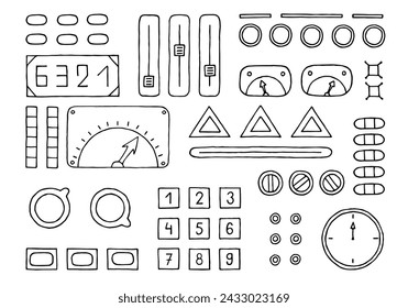 Panel with various buttons, levers, displays, monometers, sliders, indicators. Hand Drawn. Freehand drawing. Doodle. Sketch. Outline.	