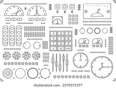 Panel with various buttons, levers, displays, monometers, sliders, indicators. Hand Drawn. Freehand drawing. Doodle. Sketch. Outline.