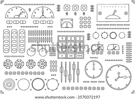 Panel with various buttons, levers, displays, monometers, sliders, indicators. Hand Drawn. Freehand drawing. Doodle. Sketch. Outline.