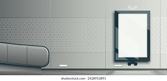 Panel wall with polygonal pattern. Interior design of a hall with an escalator, illuminated billboard. Industrial equipment, lightbox template A4 format. Mockup glass glossy panel. Vector illustration