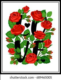 Panel with the word "love" in red roses