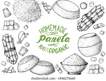 Panela sugar sketch. Hand drawn vector illustration. Vintage design template. Cane sugar. Gur or jggery powder.  Organic unrefined. 