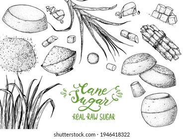 Panela sugar sketch. Hand drawn vector illustration. Vintage design template. Cane sugar. Gur or jggery powder. Organic unrefined. Vintage Design for packaging.