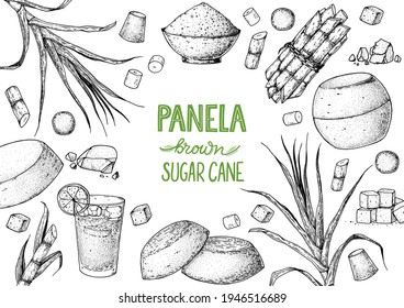 Panela sugar sketch. Hand drawn vector illustration. Vintage design template. Cane sugar. Gur or jggery powder. Organic unrefined. Vintage Design for packaging.