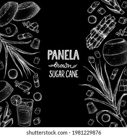 Panela sugar sketch. Hand drawn vector illustration. Vintage design template. Cane sugar. Gur or jggery powder. Organic unrefined. Vintage Design for packaging.