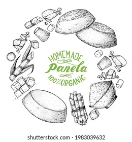 Panela sugar sketch. Hand drawn vector illustration. Vintage design template. Cane sugar. Gur or jggery powder. Organic unrefined.