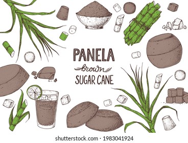 Panela sugar sketch. Hand drawn vector illustration. Vintage design template. Cane sugar. Gur or jggery powder. Organic unrefined.