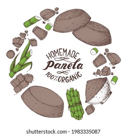 Panela sugar sketch. Hand drawn vector illustration. Vintage design template. Cane sugar. Gur or jggery powder. Organic unrefined.