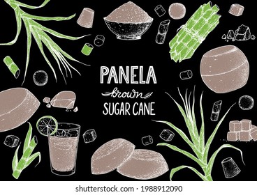 Panela sugar sketch. Hand drawn vector illustration. Vintage design template. Cane sugar. Gur or jggery powder. Organic unrefined.