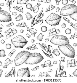 Panela sugar sketch seamless pattern. Hand drawn vector illustration. Vintage design template. Cane sugar. Gur or jggery powder. Organic unrefined. Vintage Design for packaging.