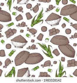 Panela Zucker Skizze nahtlose Muster. Handgezeichnete Vektorgrafik. Vintage-Design-Vorlage. Rohrzucker. Zahnfleischpulver. Bio, unraffiniert. Vintage Design für Verpackungen.