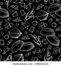 Panela sugar sketch seamless pattern. Hand drawn vector illustration. Vintage design template. Cane sugar. Gur or jggery powder. Organic unrefined. Vintage Design for packaging.