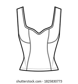 Paneled corset-style top technical fashion illustration with Jewel neckline, close fit, back concealed zip fastening. Flat apparel template front, white color. Women men unisex shirt CAD mockup