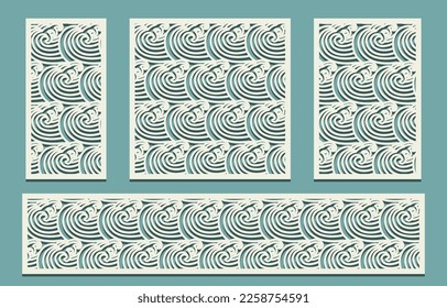 Panels for laser cutting set Cutout silhouette with sea waves asian motif pattern grid Laser cut template stencil for wood, metal, acrylic interior decor ratio 1:2, 1:1, 2:3, 5:1 Vector illustration.
