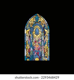 Сhurch panes decorated with colored mosaic glass in different shapes.Beautiful collection of vitreous paint windows with an abstract Catholic or Christian decorations.