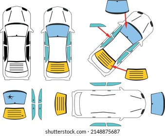 Panes in a motor vehicle, front pane, rear pane, side pane illustrated on a vehicle marked in color for better representation.