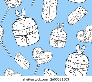 Panettone Easter cake, seamless background, border with Italian pastries or sweet festive bread with raisins. Vector