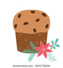 Bolo de Natal italiano Panettone. Pão doce com passas de Milão, Natal e Ano Novo