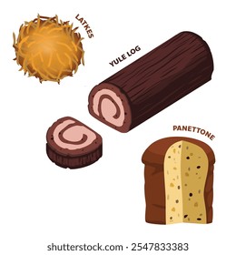 Panettone Yule Log Latkes Christmas Food Dessert Vector Set