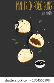 Pan-Fried Schweinekoteletts. Sheng jian bao. Vektorgrafik