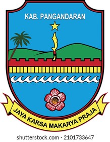 Pangandaran Regency Logo, The shield in blue symbolizes peace, tranquility, and prosperity which is the main desire or goal of the Pangandaran Regency community.