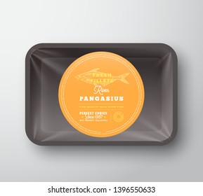 Pangasius Fillets. Abstract Vector Fish Plastic Tray with Cellophane Cover Packaging Design Round Label or Sticker. Retro Typography and Hand Drawn Basa Silhouette Background Layout. Isolated.
