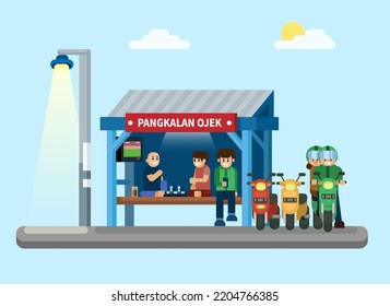 Pangkalan Ojek is Indonesian taxi bike station building scene illustration vector